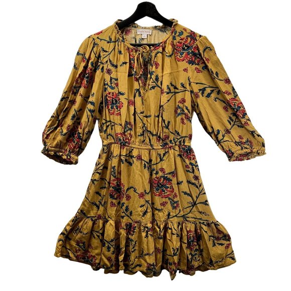 Knox Rose Dress Womens Small Golden Yellow Floral Folkloric A Line 3/4 Sleeves - Picture 1 of 13